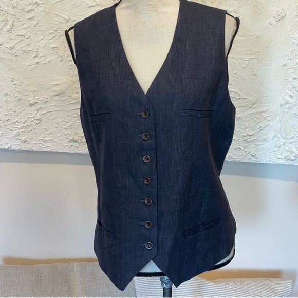 Lauren Ralph Lauren Women's Vest Pinstriped Button Linen Navy Blue Size 16 - Picture 1 of 6